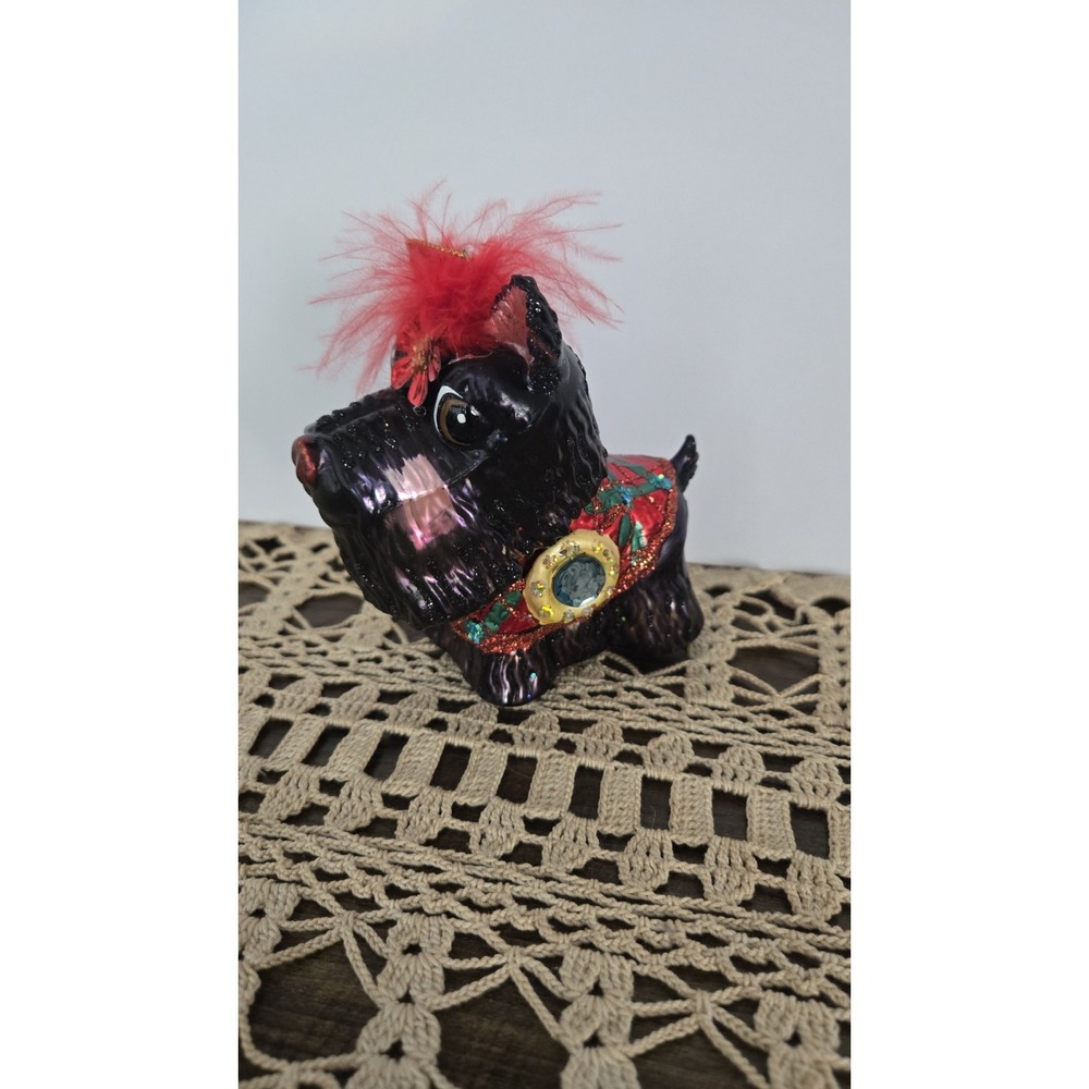 Vintage Style Scottie Dog Christmas Ornament Hand-Painted Glass Feather‎ Top 6"